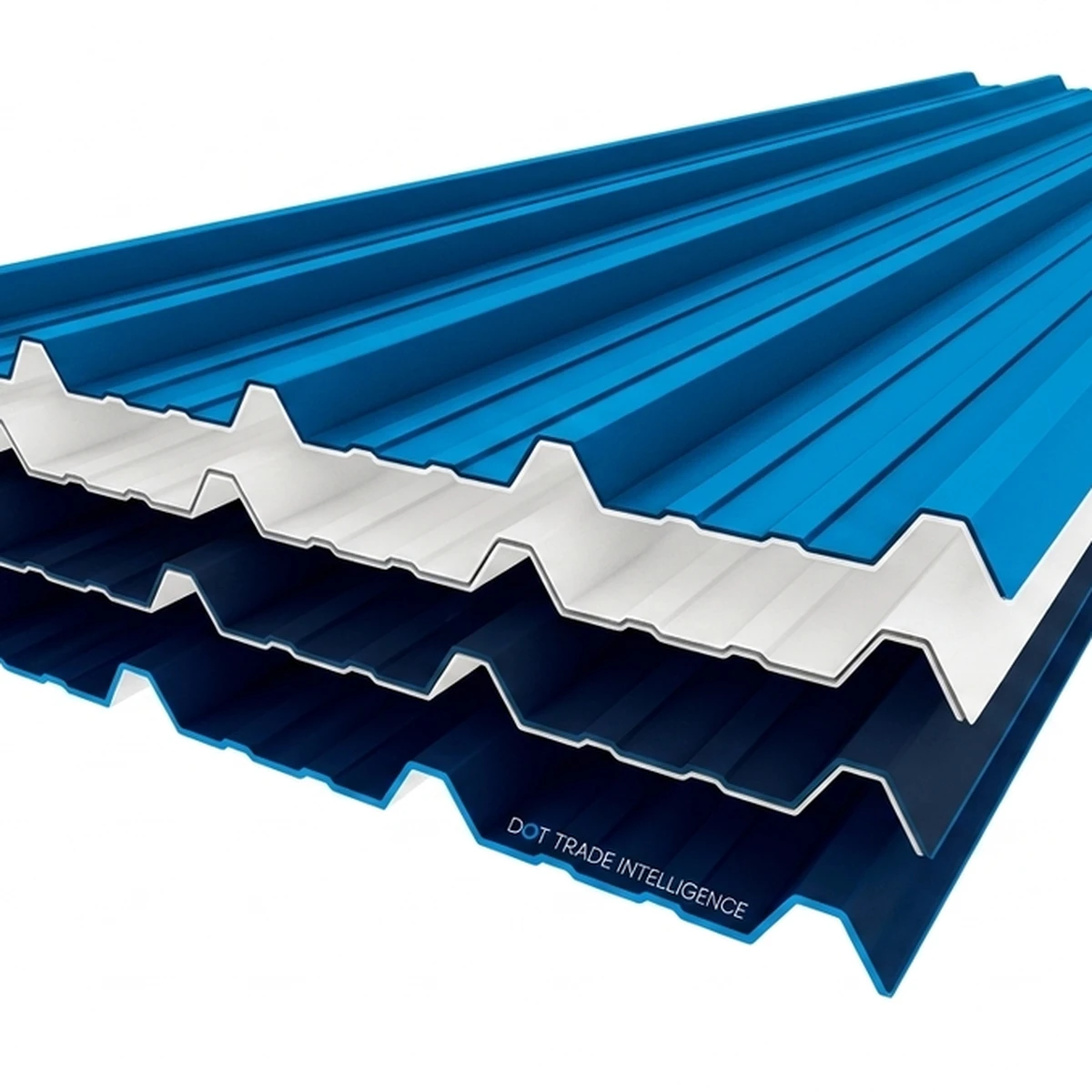 Telhas metálicas trapezoidais empilhadas em azul, branco e azul-marinho