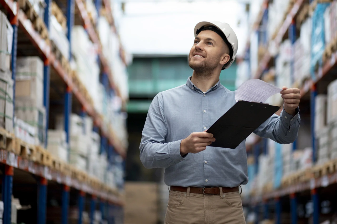 Gerente de warehouse conferindo estoque com prancheta